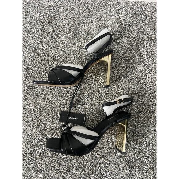 Women's Express Black and Gold Sculptural Heels Ankle Strap NEW Size 7 - Picture 2 of 5